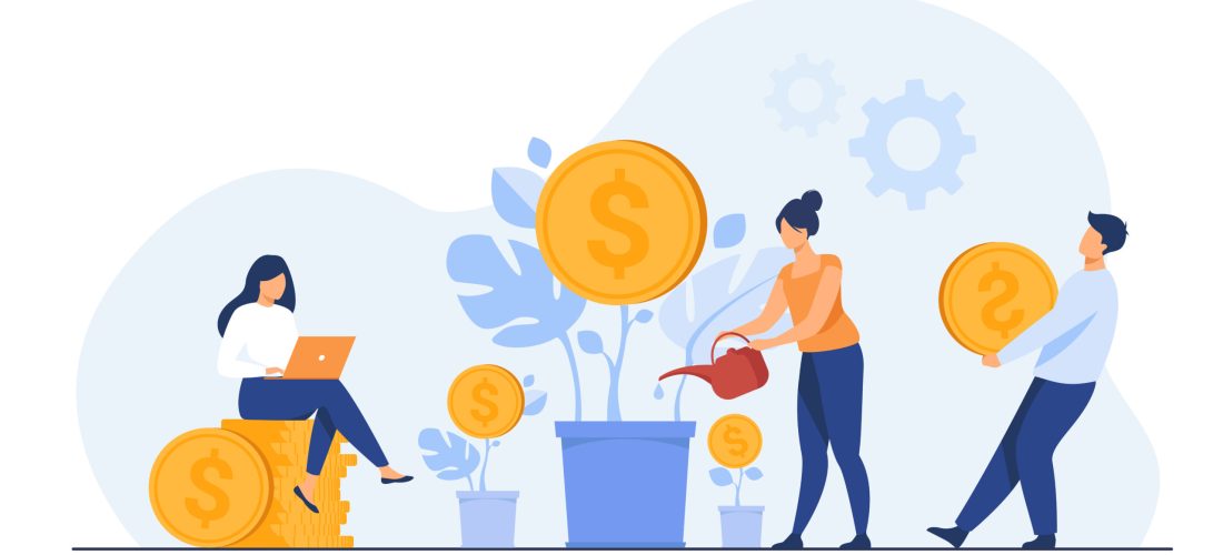 Young investors working for profit, dividend or revenue flat vector illustration. Cartoon employees investing capital. Investment, money and finance concept